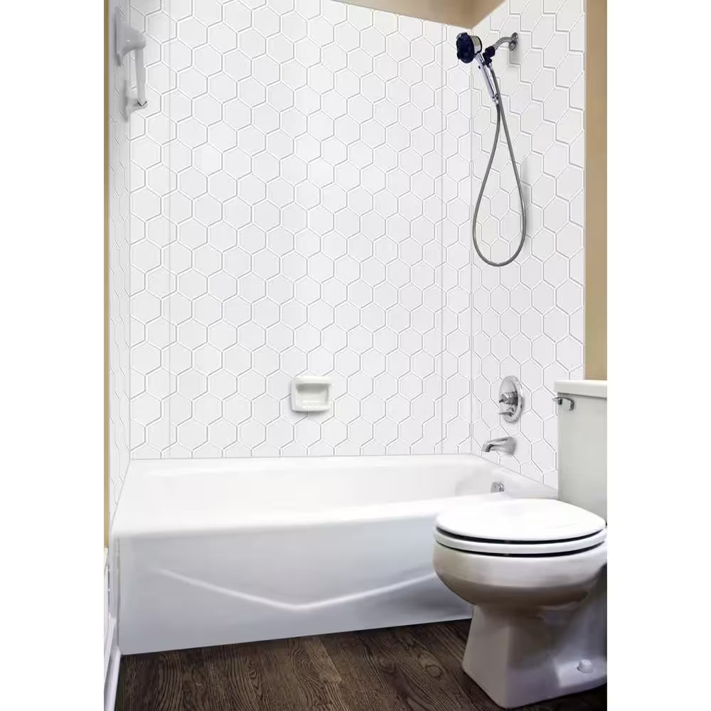 Hex 60" W x 96" H x 42" D 3-Piece Gloss White Glue-Up PVC Tub Surround Wall Panels