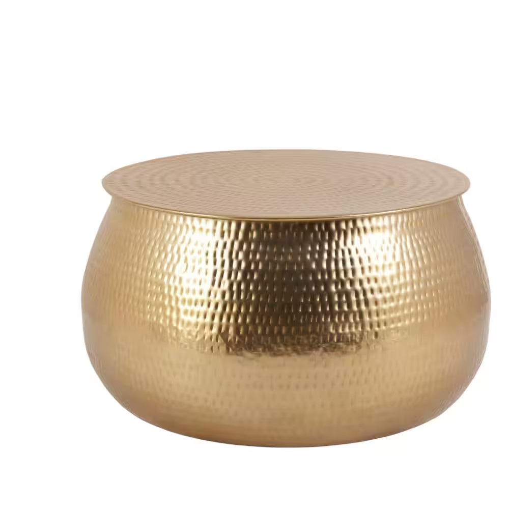 Calluna 30-Inch Gold Round Metal Coffee Table with Lift-Top Storage