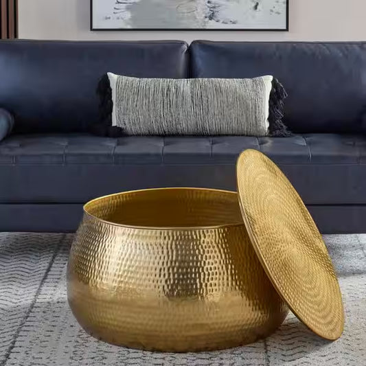 Calluna 30-Inch Gold Round Metal Coffee Table with Lift-Top Storage
