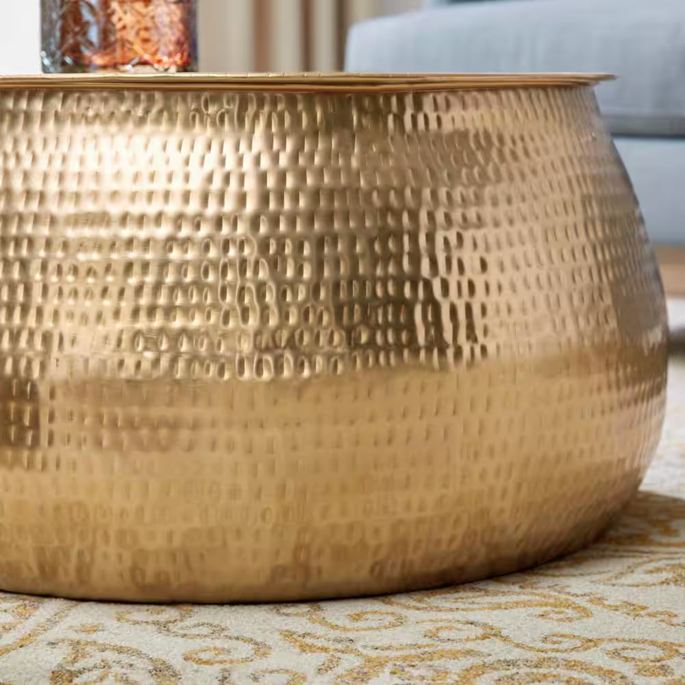 Calluna 30-Inch Gold Round Metal Coffee Table with Lift-Top Storage