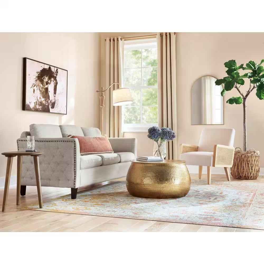 Calluna 30-Inch Gold Round Metal Coffee Table with Lift-Top Storage