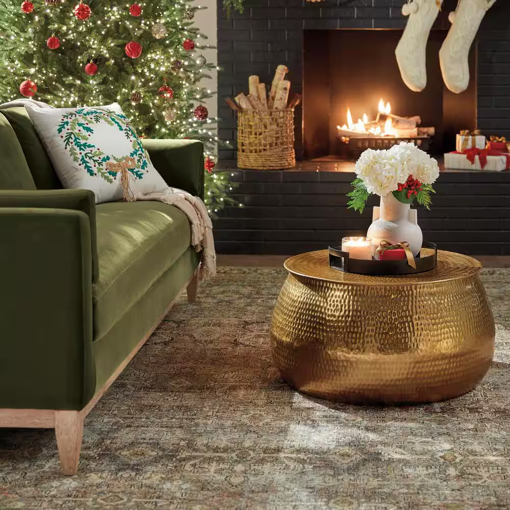 Calluna 30-Inch Gold Round Metal Coffee Table with Lift-Top Storage
