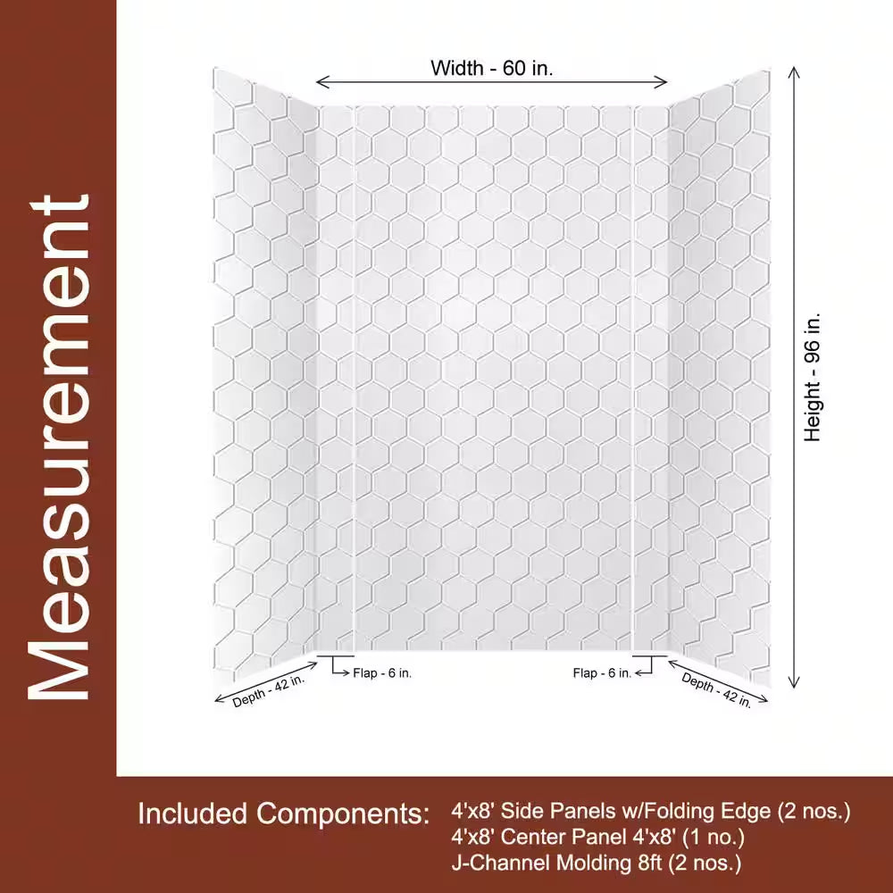 Hex 60" W x 96" H x 42" D 3-Piece Gloss White Glue-Up PVC Tub Surround Wall Panels