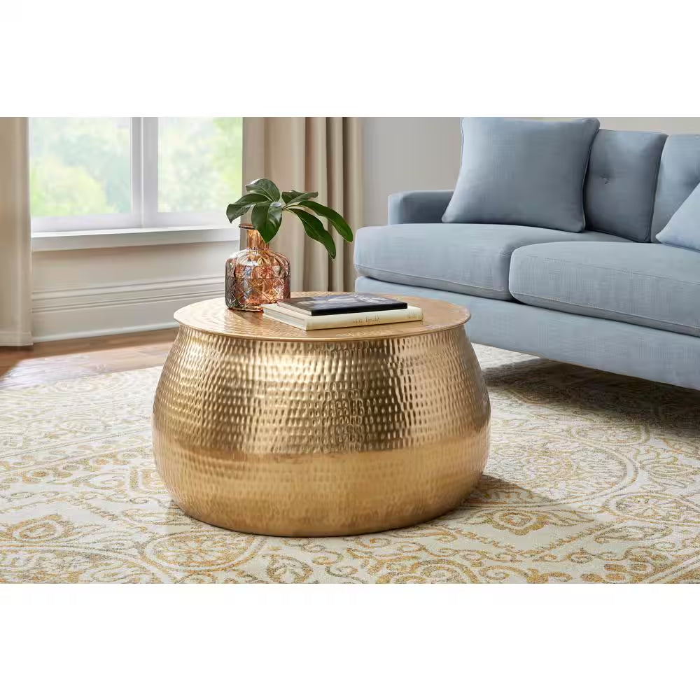 Calluna 30-Inch Gold Round Metal Coffee Table with Lift-Top Storage