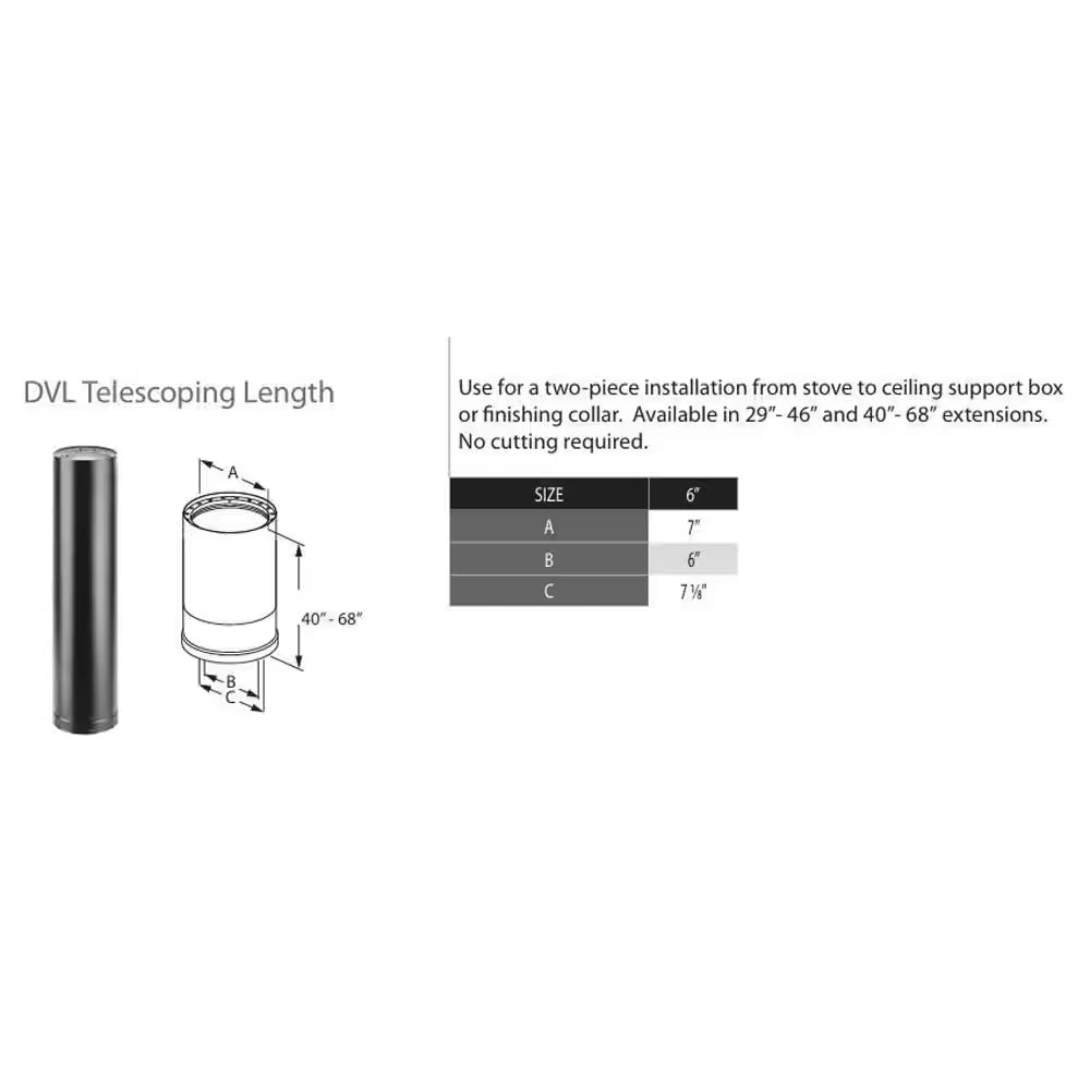 Model DVL Double Wall Stove Pipe 6In. Diameter X 40In. to 68In. Telescoping Stove Pipe Length