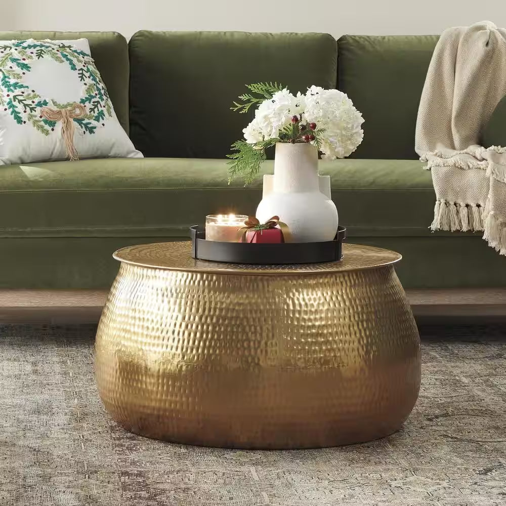 Calluna 30-Inch Gold Round Metal Coffee Table with Lift-Top Storage
